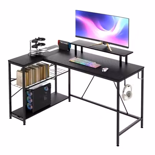 Levede L-Shaped Gaming Desk with RGB LED Lights and UK Power Outlets, Black – 1