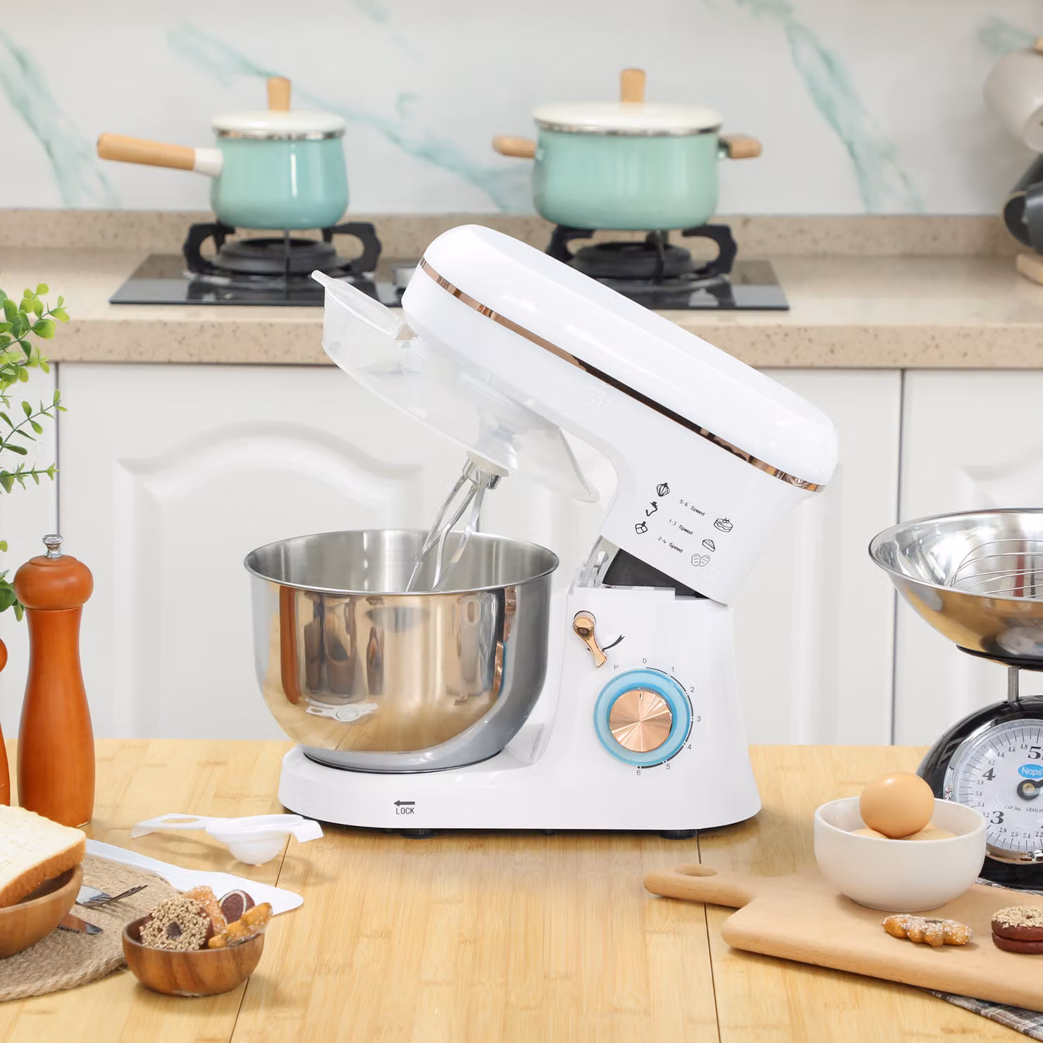 HOMCOM 1400W Electric Food Mixer in White with 5L Stainless Steel Bowl, 6 Speeds and Pulse Setting – 2