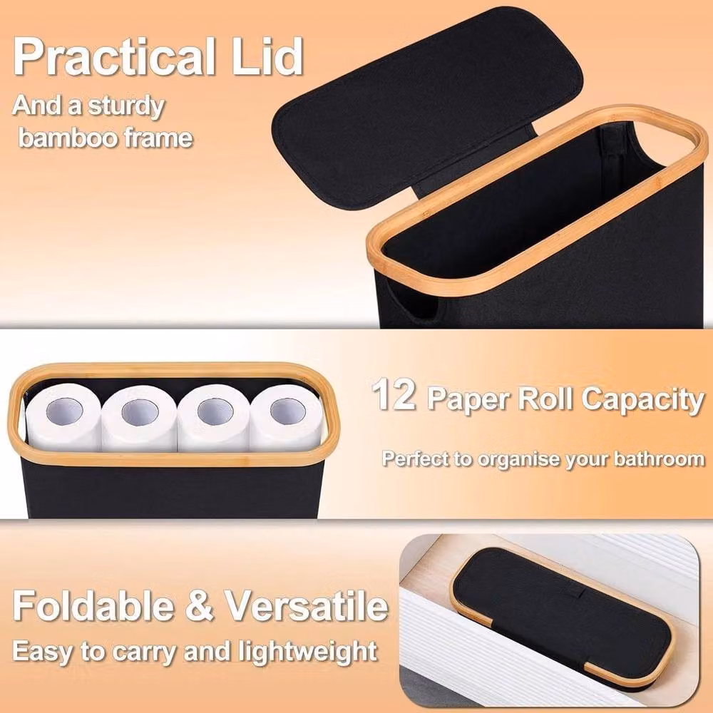 KORVIXA Black Bamboo Toilet Roll Storage Box and Spare Roll Holder with Handles – 3