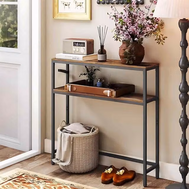 The Bazaarist Slim Console Table with 2 Shelves in Brown and Black