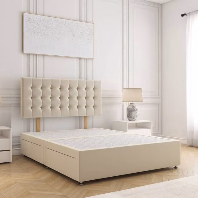 BSSPOKE Isla King Size Divan Bed with 24 inch Plush Headboard and 2 Drawers in Beige Velvet Fabric, W/D/H: 180 x 200 x 61 cm