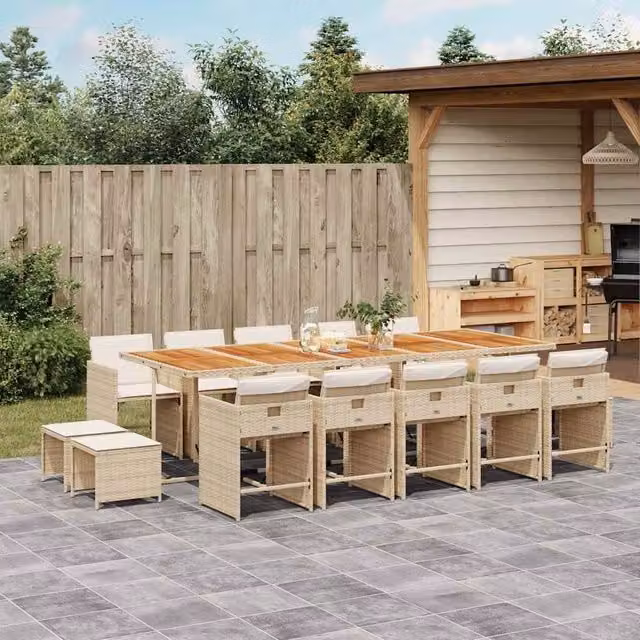 Berkfield Home 15 Piece Garden Dining Set with Beige Poly Rattan Cushions