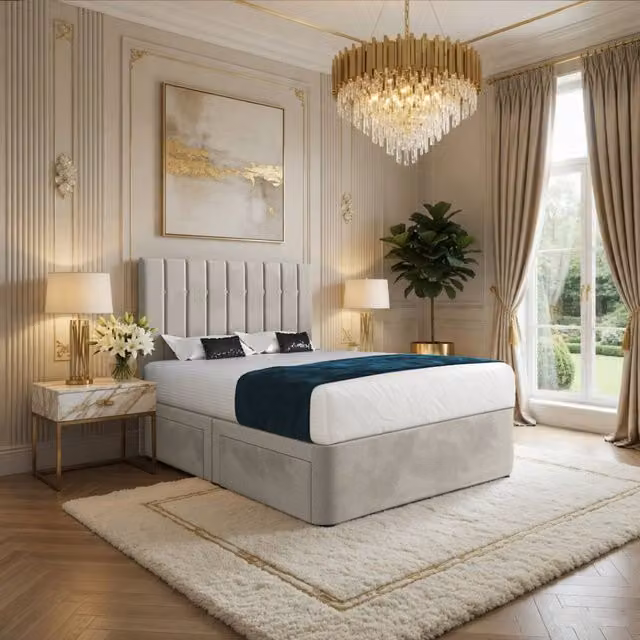 KDMD Quidenham Modern Upholstered Velvet Bed Frame in Beige, W/D/H: 120 x 200 cm – 1