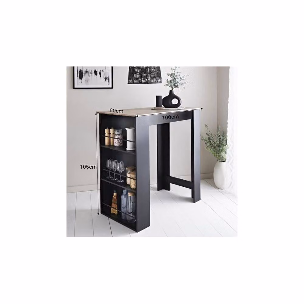 EONLION Modern Black Breakfast Bar Dining Table with 3-Tier Oak Wood Storage Rack, W: 105 cm x D: 60 cm x H: 100 cm – 2