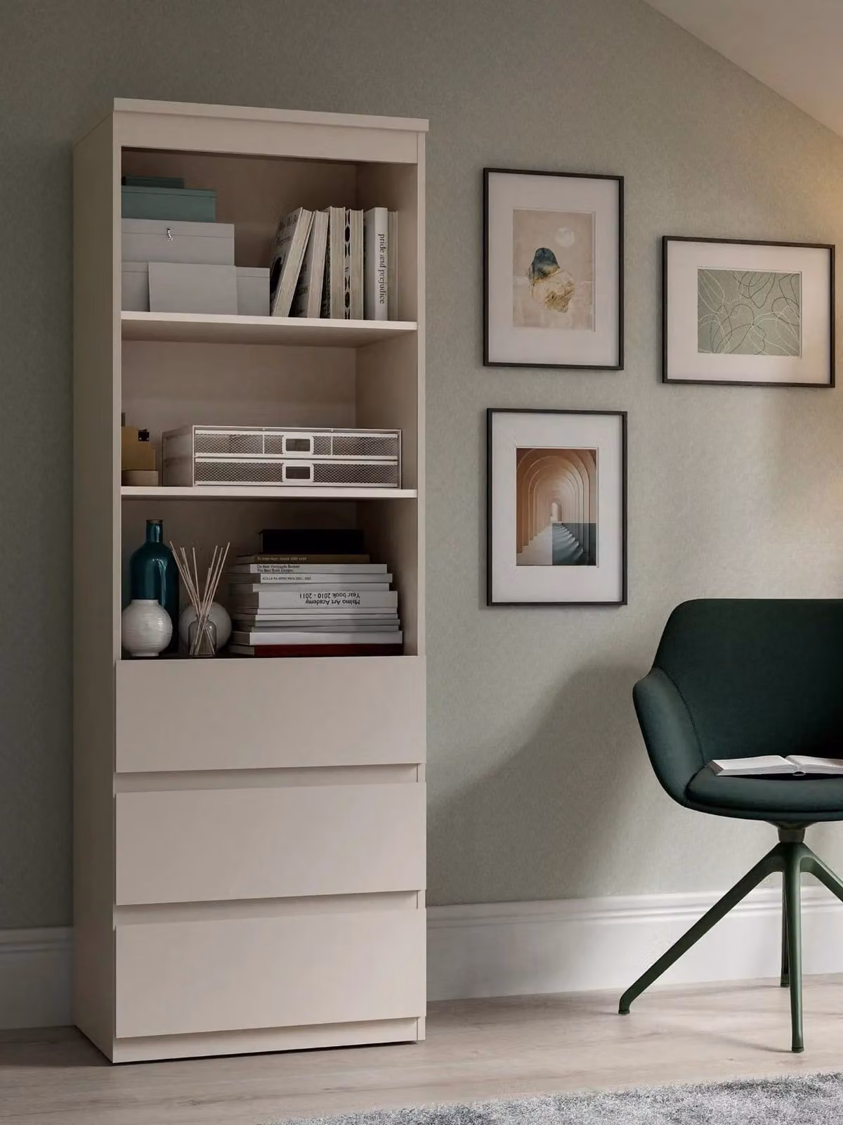 Very Home Lisson 3 Drawer Shelf Unit in Beige, H 176 x W 60 x D 42 cm