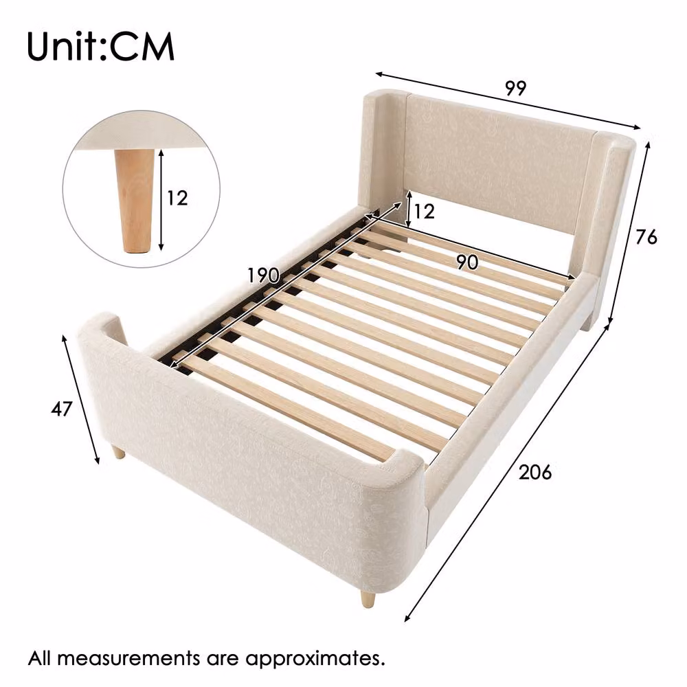 Merax Single Upholstered Velvet Bed Frame for Children in Beige, W/D/H: 90 x 190 x 100 cm – 2