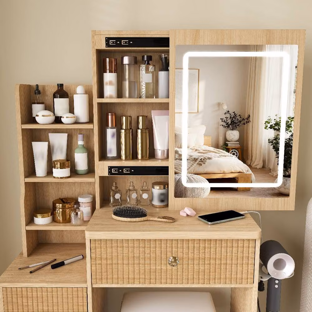 Rolipo Modern Vanity Desk with LED Lights, 4 Drawers and Power Socket in Sand – 5