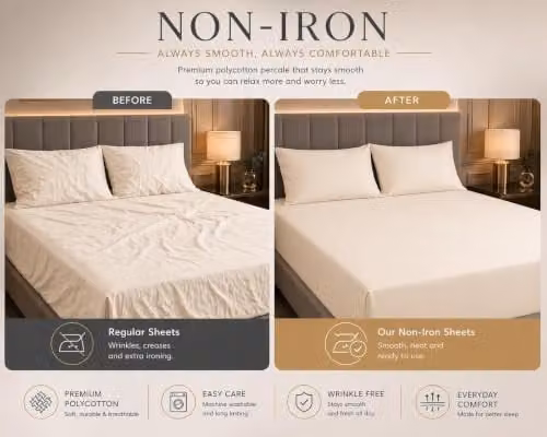 Night Zone Double Fitted Bed Sheet, Beige, 180 Thread Count Percale Cotton Rich, Non-Iron, W/D/H: 140 x 200 x 25 cm – 4