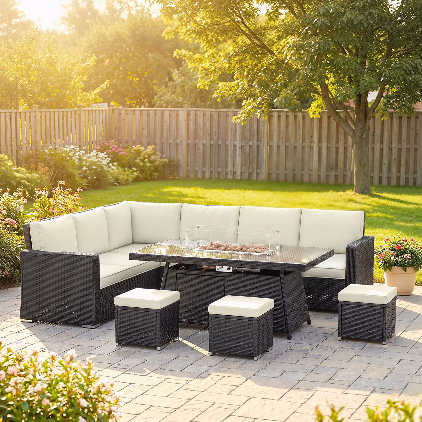 Outsunny 7 Piece PE Rattan Garden Furniture Set with 50,000 BTU Gas Fire Pit Table, Double Corner Sofa and 3 Footstools – 2