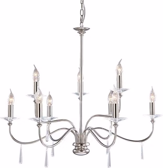 Elstead Finsbury Park 9 Light Chandelier in Polished Nickel with Grey Transparent Shades and Height Adjustable Design
