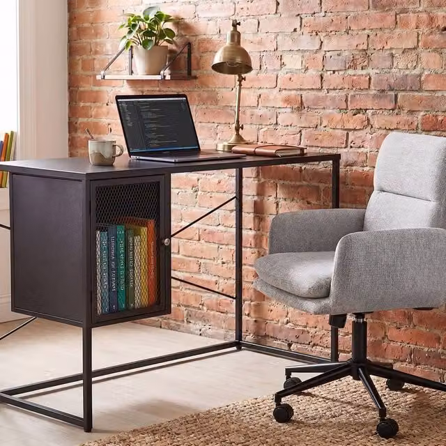 Wyld and Coco Industrial Steel Writing Desk with Mesh Storage Doors in Black