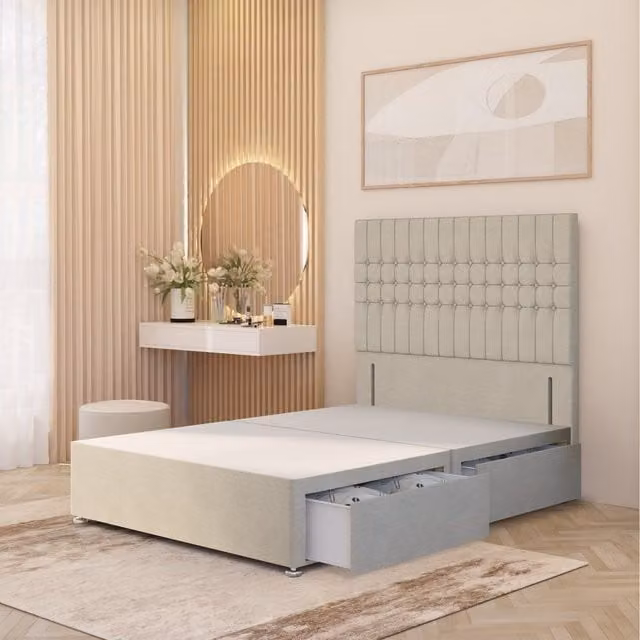 Somnior Beds Ltd Lexington Single Divan Bed Base with 54 inch Floor Standing Headboard in Beige and Yellow Tweed Fabric