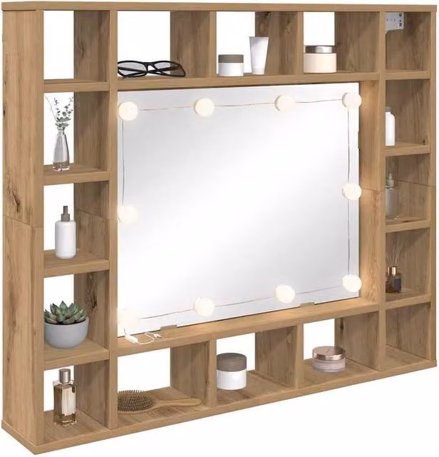 Berkfield Home Artisan Oak Mirror Cabinet in Brown with LED Lighting, W: 76.5 cm, H: 76.5 cm, D: 15 cm