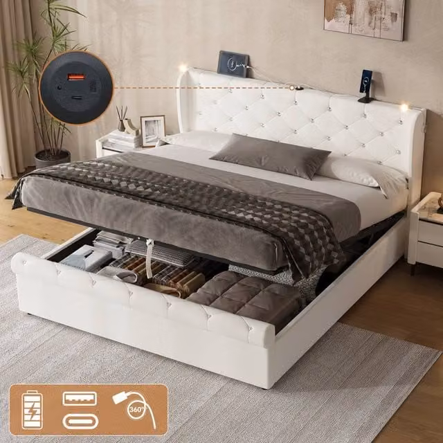 Matteo King Upholstered Bed Frame in Beige Velvet with Hydraulic Lift-Up Storage, Integrated Reading Light and USB Charging Port, W/D/H: 180 x 200 cm – 1