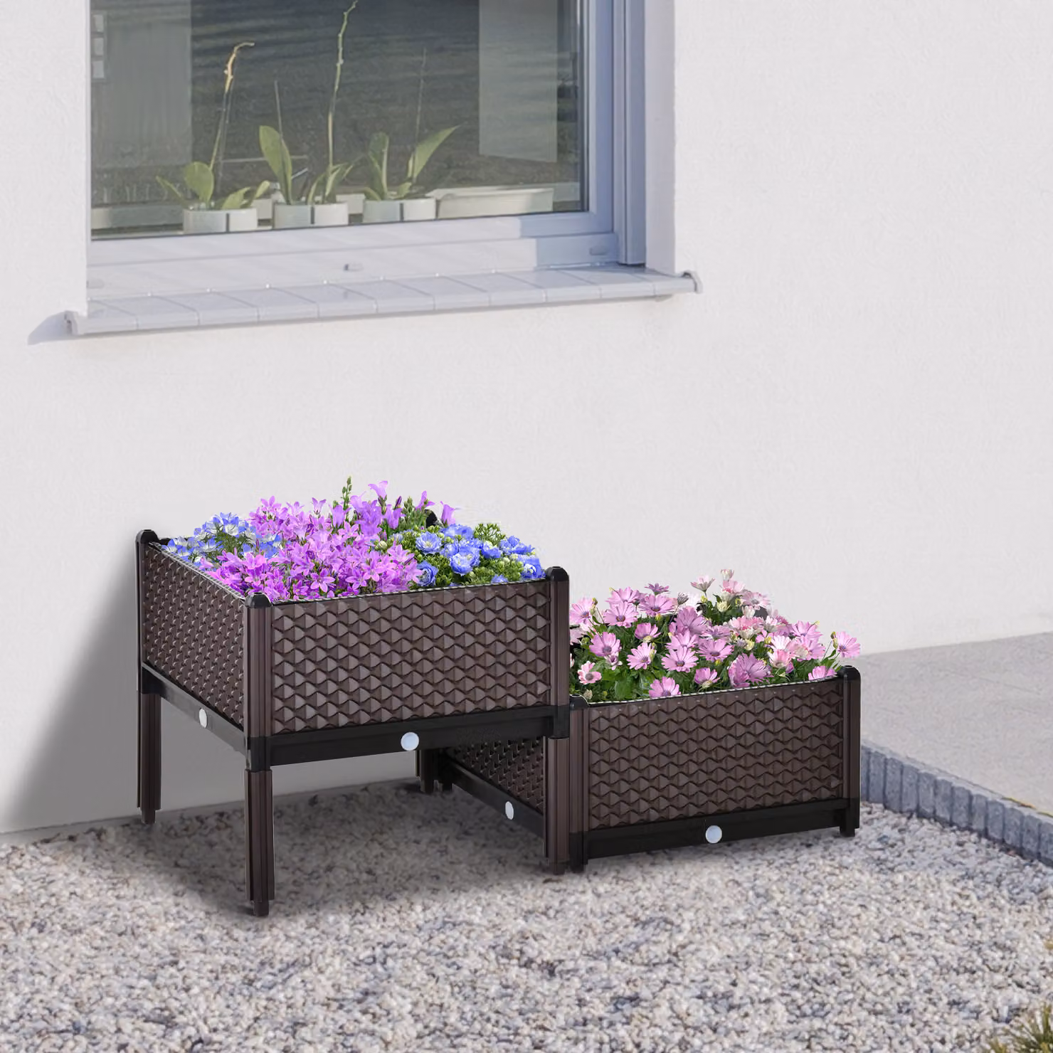 Outsunny Set of 2 Brown Plastic Self-Watering Raised Garden Bed Planter Boxes W/D/H: 50 x 50 x 46.5 cm – 2