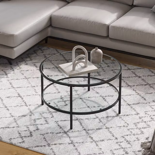 Livingandhome Mid-Century 2-Tier Round Glass Top Coffee Table in Black