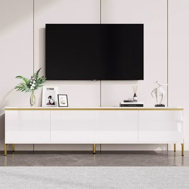 Merax Modern High Gloss TV Unit in White with Gold Metal Legs – 1