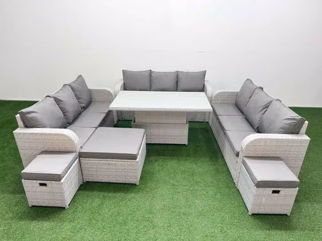 Fimous 12 Seater PE Rattan Outdoor Garden Furniture Set in Light Grey with Adjustable Dining or Coffee Table, 3 Seater Sofa and 3 Stools