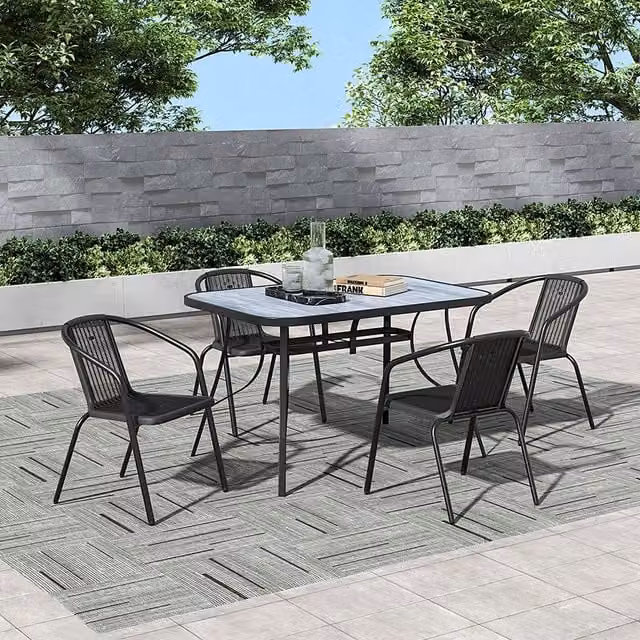Breeins Rustic Grey and Black Garden Coffee Table Set with 4 Chairs and Tempered Glass Top