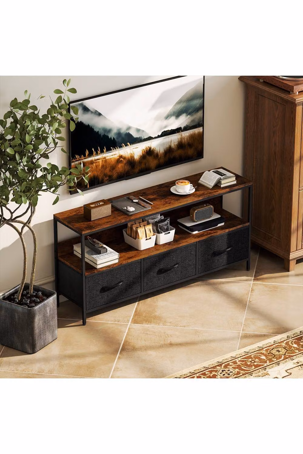 ERGOVEXA Industrial TV Stand Cabinet with 3 Foldable Drawers, Brown, W: 120.0 cm, D: 29.0 cm, H: 56.0 cm – 4