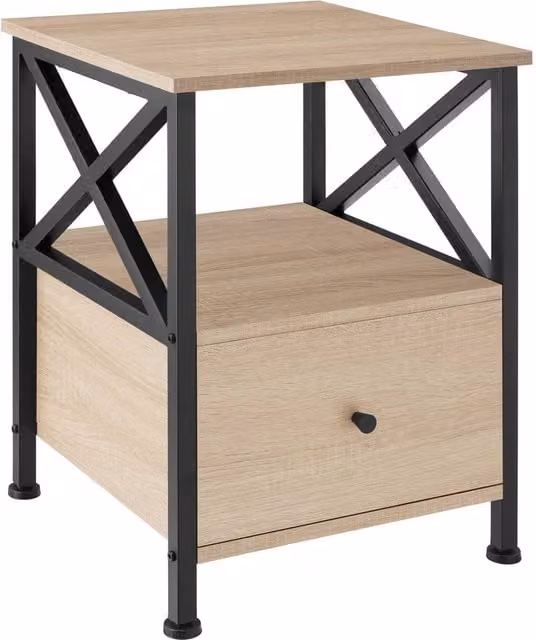 tectake Falkirk Bedside Table with 2 Shelves and 1 Drawer in Light Oak and Brown – 1