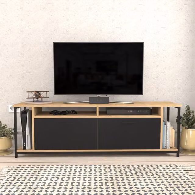 DECOROTIKA Omar Industrial TV Stand and Media Console, Black, W: 160 cm, D: 35 cm, H: 60 cm – 1