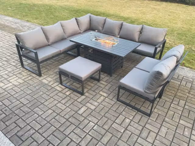 Fimous 10 Seater Aluminium Outdoor Lounge Corner Sofa and Gas Fire Pit Dining Set with Footstool in Dark Grey
