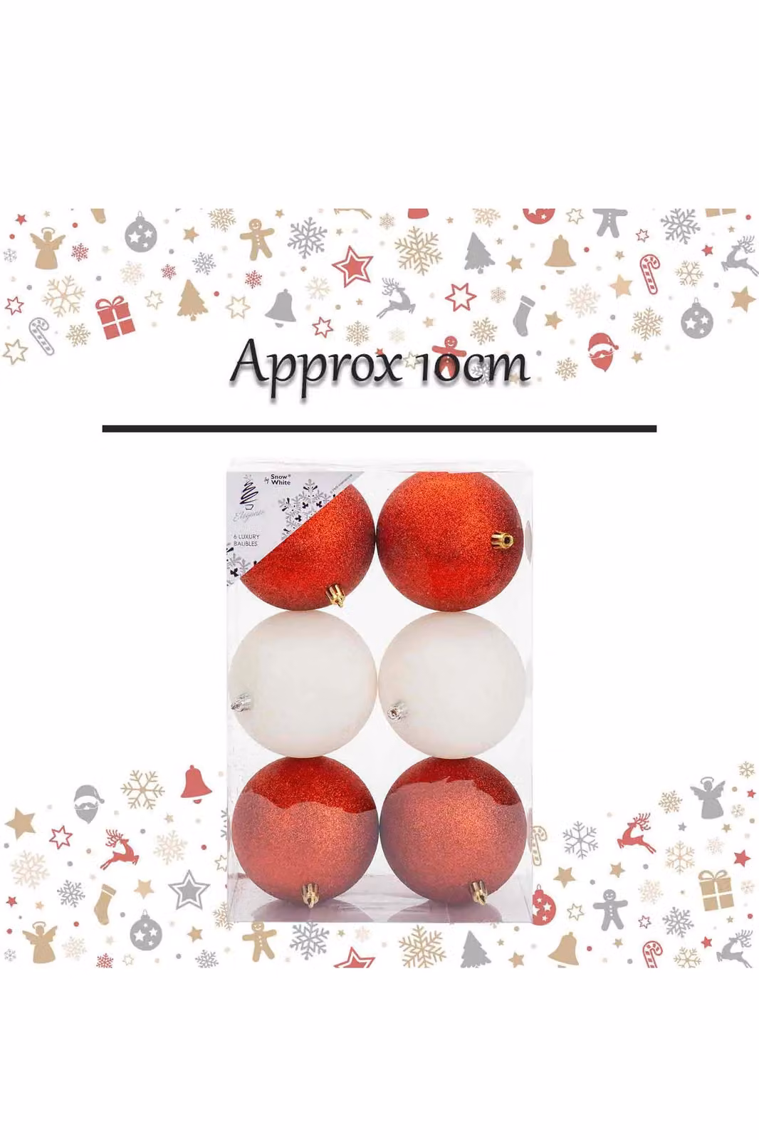 VFM e-Store Set of 6 Round Christmas Bauble Hanging Tree Ornaments in Red and White, 10 cm – 2