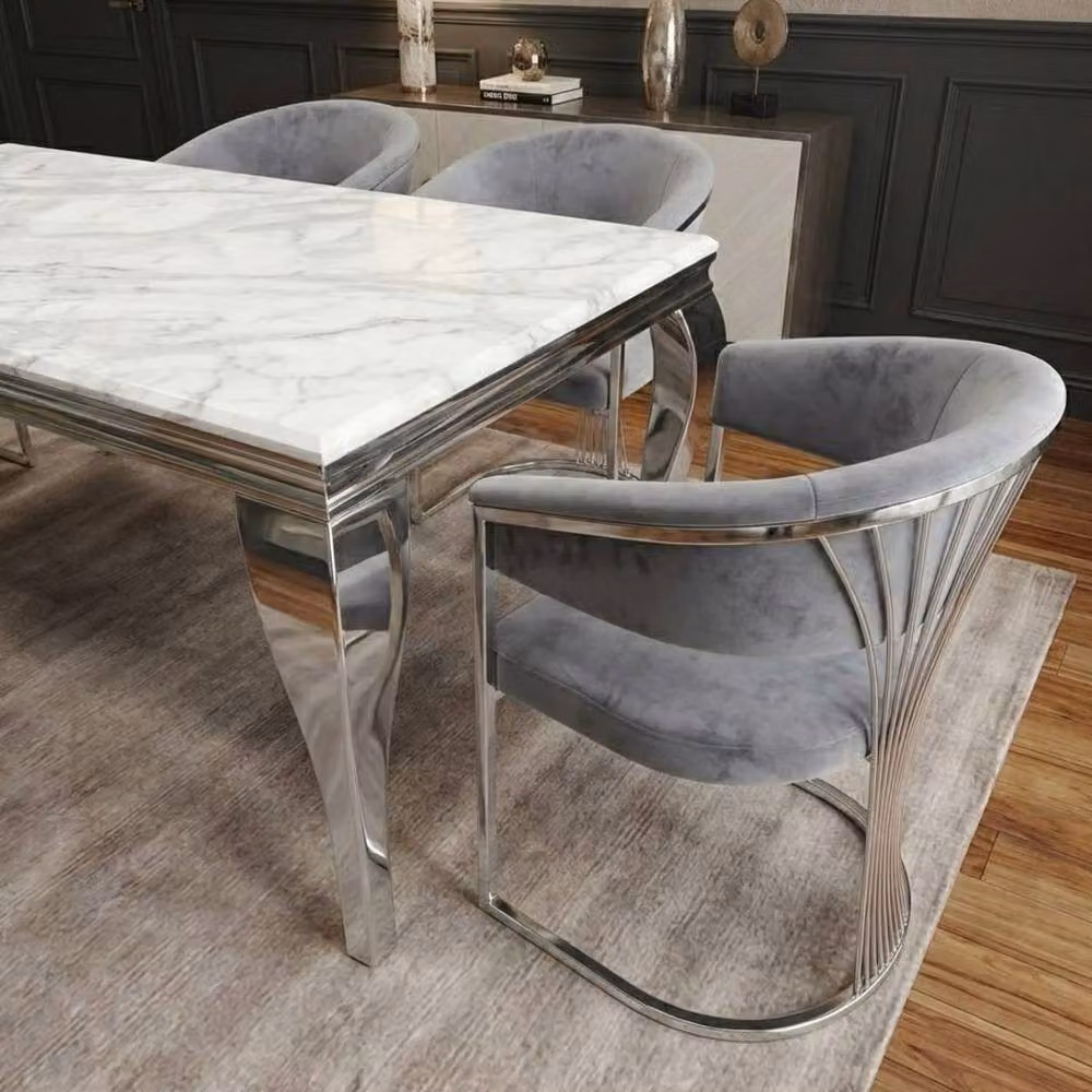 Home Luxe Interior Grey Marble and Silver Rectangular Dining Table with 6 Porado Grey Chairs, Width: 160 cm – 6