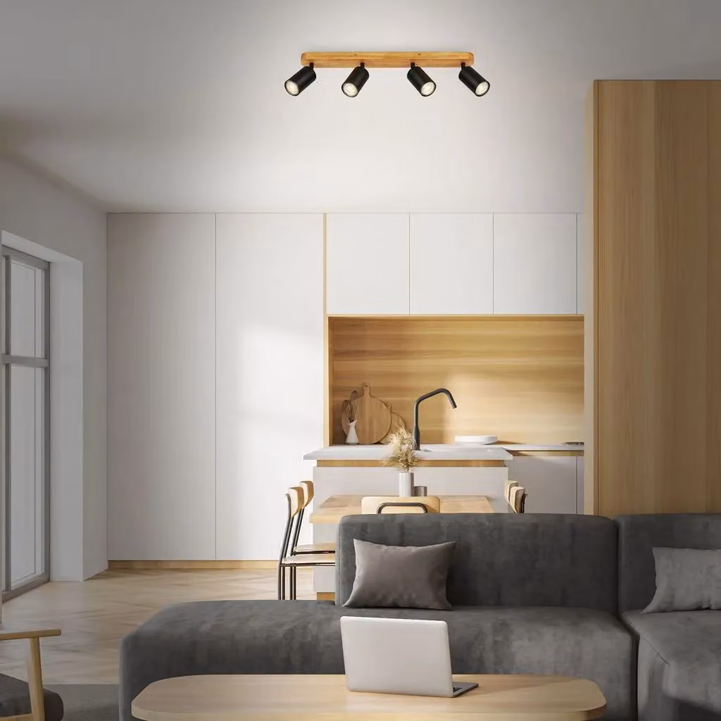 Briloner Black and Wood Retro Adjustable Ceiling Spotlight for 4xGU10 Bulbs – 4