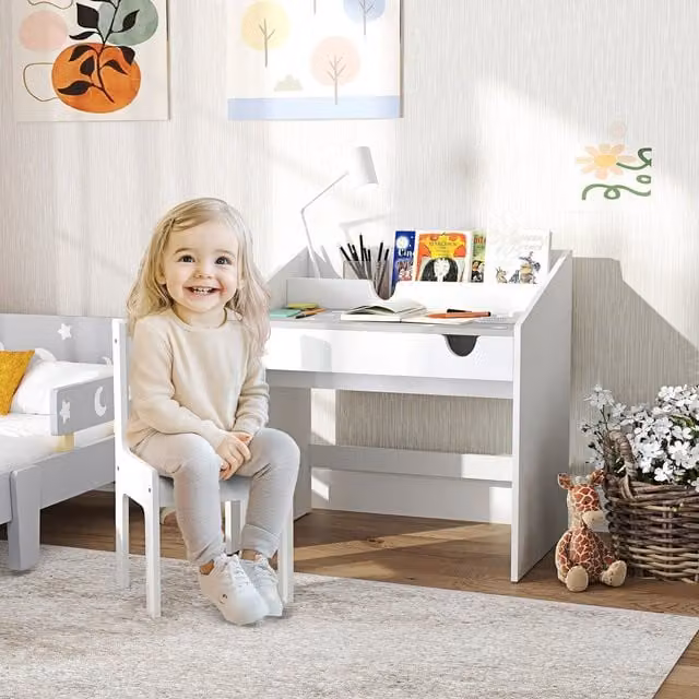 AIYAPLAY Childrens Study Table and Chair Set with Storage and Pull-Out Drawer, Grey