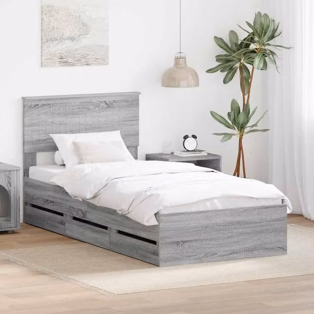 Berkfield Home Modern Bed Frame with Drawer in Grey Sonoma, Engineered Wood, W/D/H: 90 x 190 cm – 1