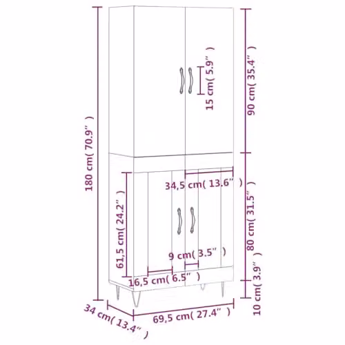 vidaXL Highboard in Smoked Oak, Brown Industrial Style with Hinged Doors, W/D/H: 69.5 x 34 x 180 cm – 3