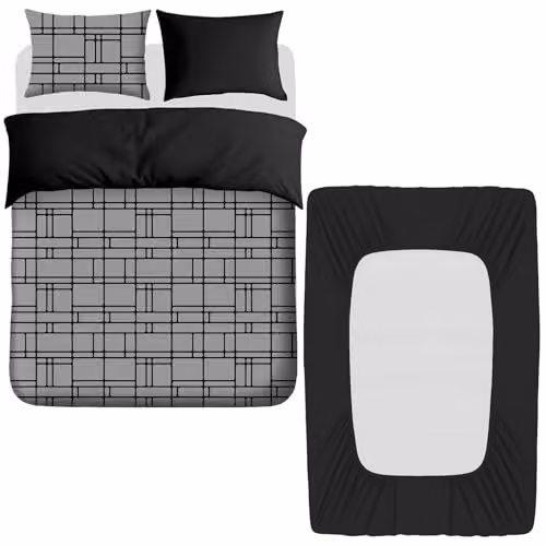 Pamposh 4 Piece Super King Reversible Microfibre Duvet Set with Black Fitted Sheet, Grey Graphic Design, W/D/H: 260 x 240 x 40 cm – 1