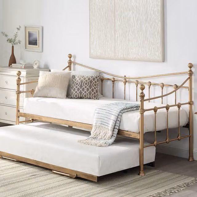 SlumberWorx Classic Metal Day Bed Frame with Trundle in Gold and White