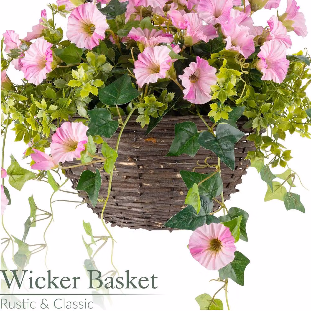 Christow Pink Artificial Petunia Wicker Hanging Basket with UV Resistant Foliage, Diameter: 30 cm – 4