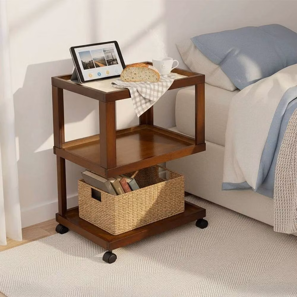 KORVIXA Brown Bamboo Square Side Table with Castors – 3
