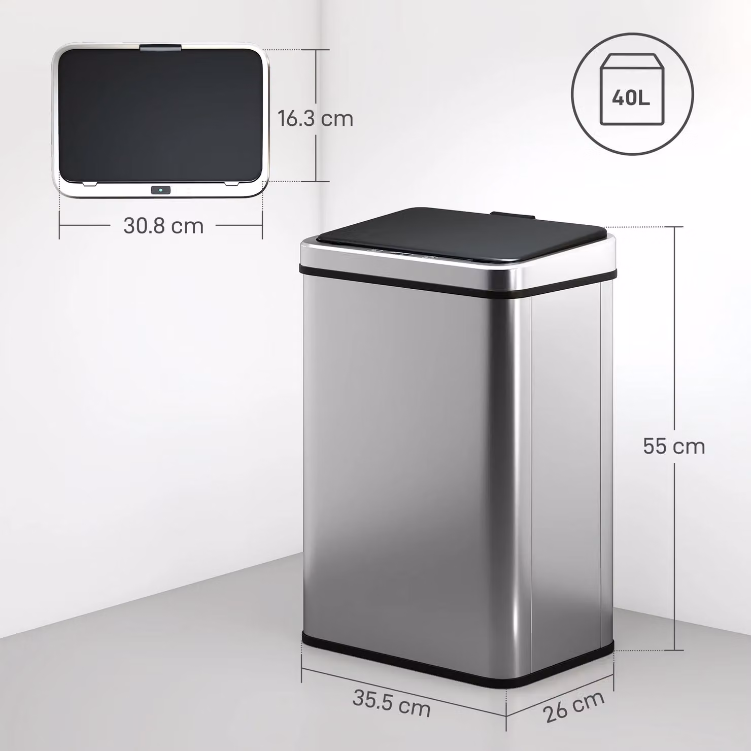 HOMCOM 40L Stainless Steel Kitchen Sensor Bin in Silver, Fingerprint Proof – 3