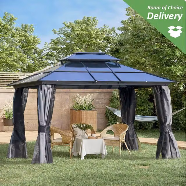 Outsunny Modern Polycarbonate Hardtop Hip Roof Patio Gazebo in Grey