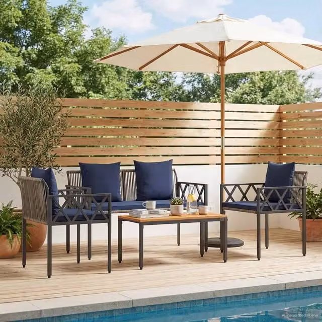 Berkfield Home 4-Piece Modern Outdoor Furniture Set in Grey and Blue with Acacia Wood and Poly Rattan – 1