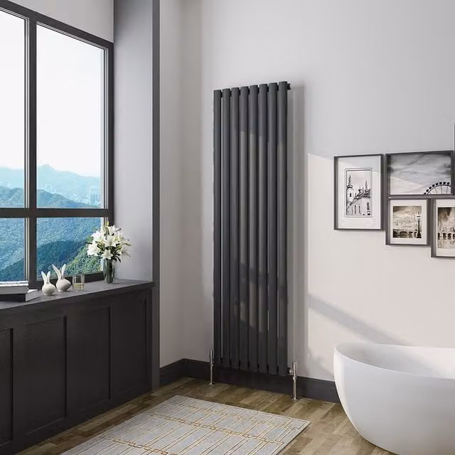 AicaBathroom Vertical Oval Column Radiator in Black, H: 160 cm, W: 47.2 cm, D: 47.2 cm