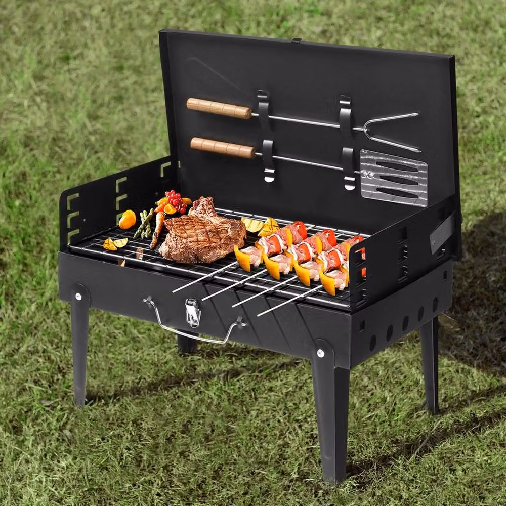 FLAVORA Foldable Portable Mini Charcoal BBQ Grill in Black with Cast Iron Tabletop – 5