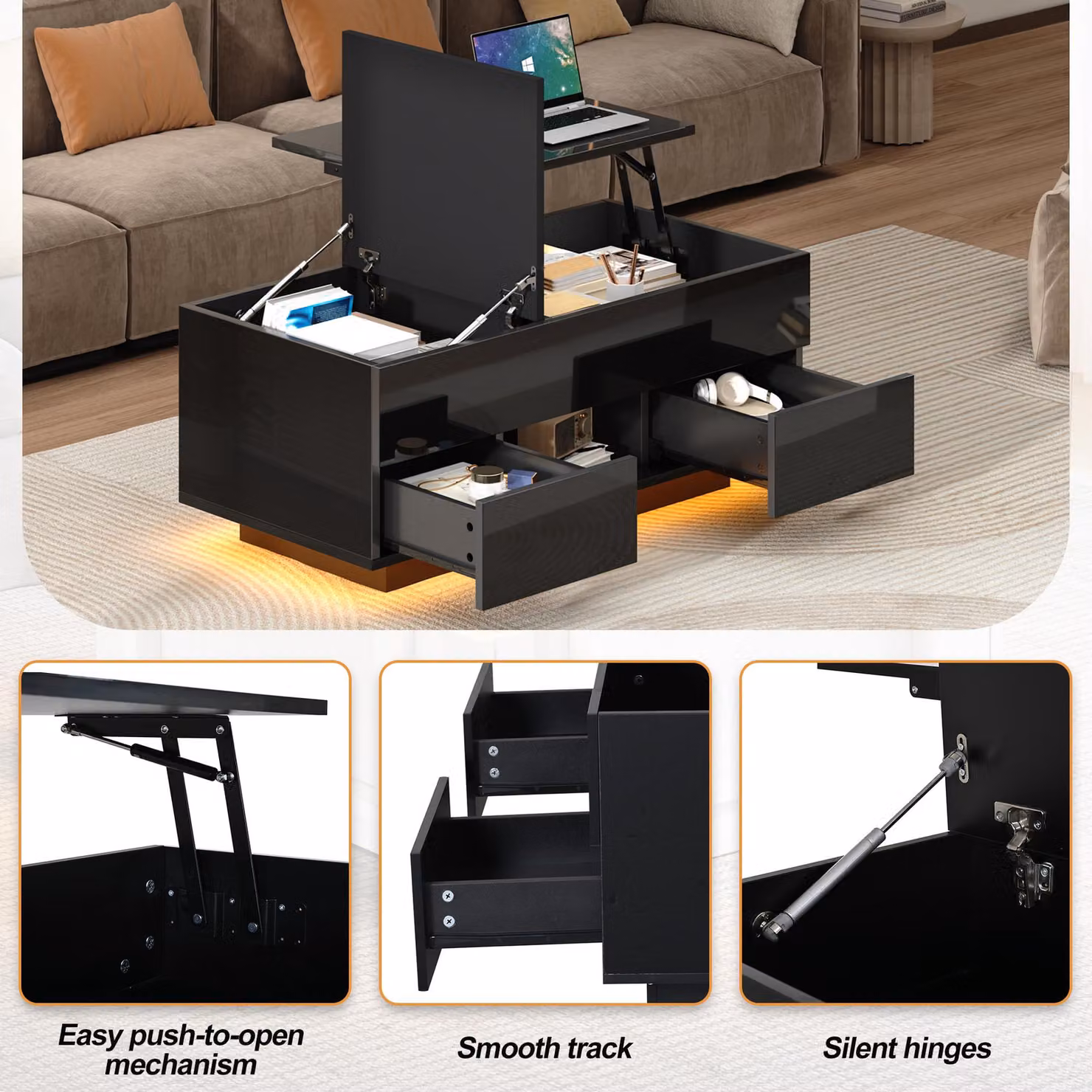 Aosom UK Black High-Gloss Lift-Top Coffee Table with App-Controlled RGB LED Lights and Hidden Compartment, W: 100 cm, D: 45 cm, H: 43 cm – 6