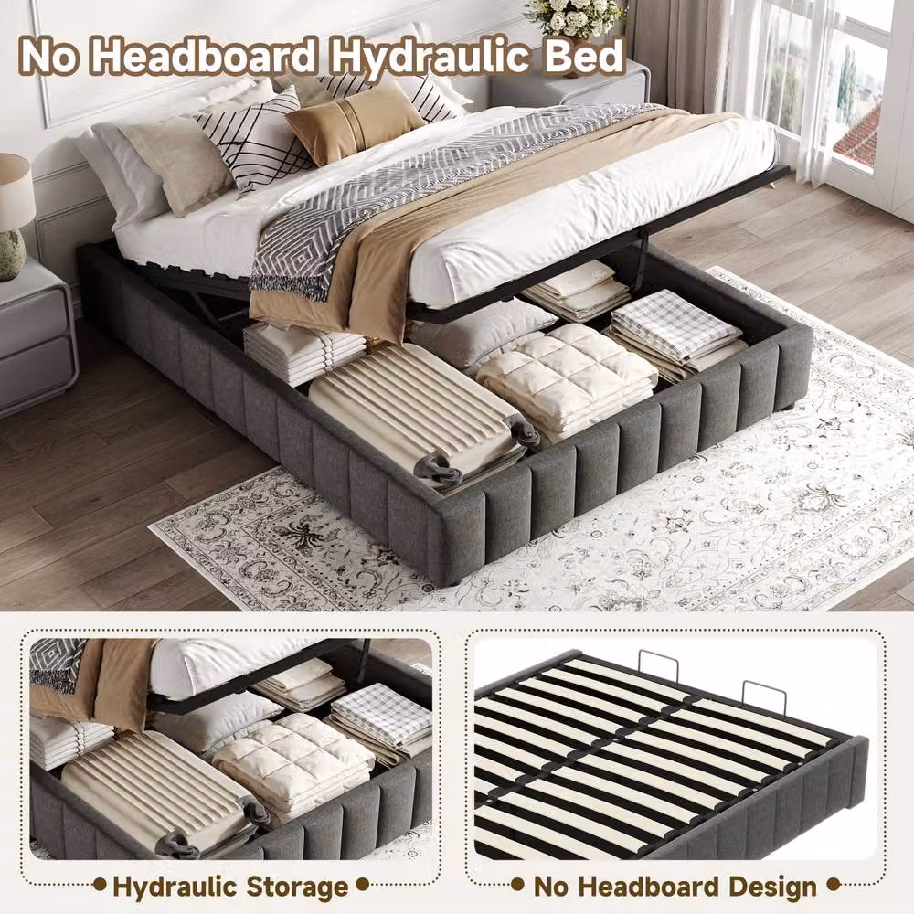 Merax Double Hydraulic Storage Bed in Grey Linen with Lift Up Base, W/D/H: 140 x 200 cm – 4