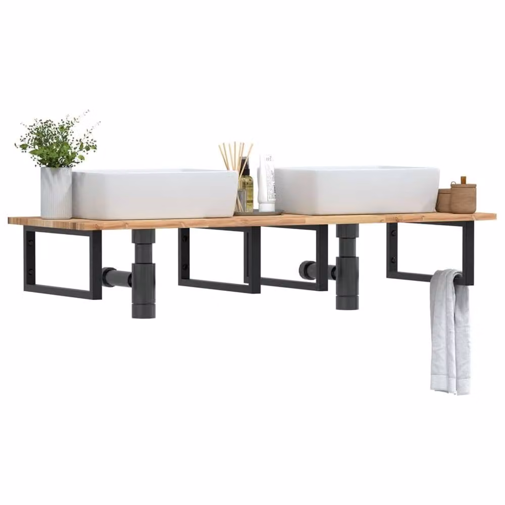 Berkfield Home Wall Mounted Basin Shelf in Brown Steel and Solid Acacia Wood
