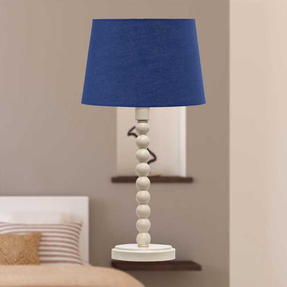 First Choice Lighting Bobbin Set of 2 Ceramic Table Lamps with Blue Fabric Shades in White – 3