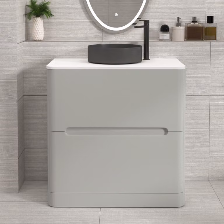 Royal Bathrooms Venice 800mm Floor Standing Vanity Unit in Dove Grey with 2 Drawers, Plain White Worktop and Art Deco Round Basin