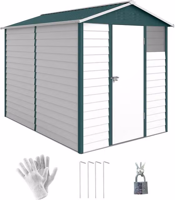 Rolipo Green Metal Garden Shed with Sloped Roof, Window and Lockable Door, W: 274.32 cm, D: 182.88 cm, H: 208.0 cm – 1