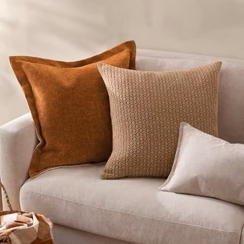 Riva Home Square Chenille and Velvet Cushion in Brown and Orange, W/D/H: 50 x 50 x 50 cm – 3