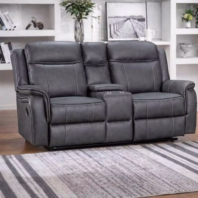 Furnishings For Less UK Tara 2 Seater Manual Reclining Sofa in Grey Leather Look Fabric with Cup Holders – 2
